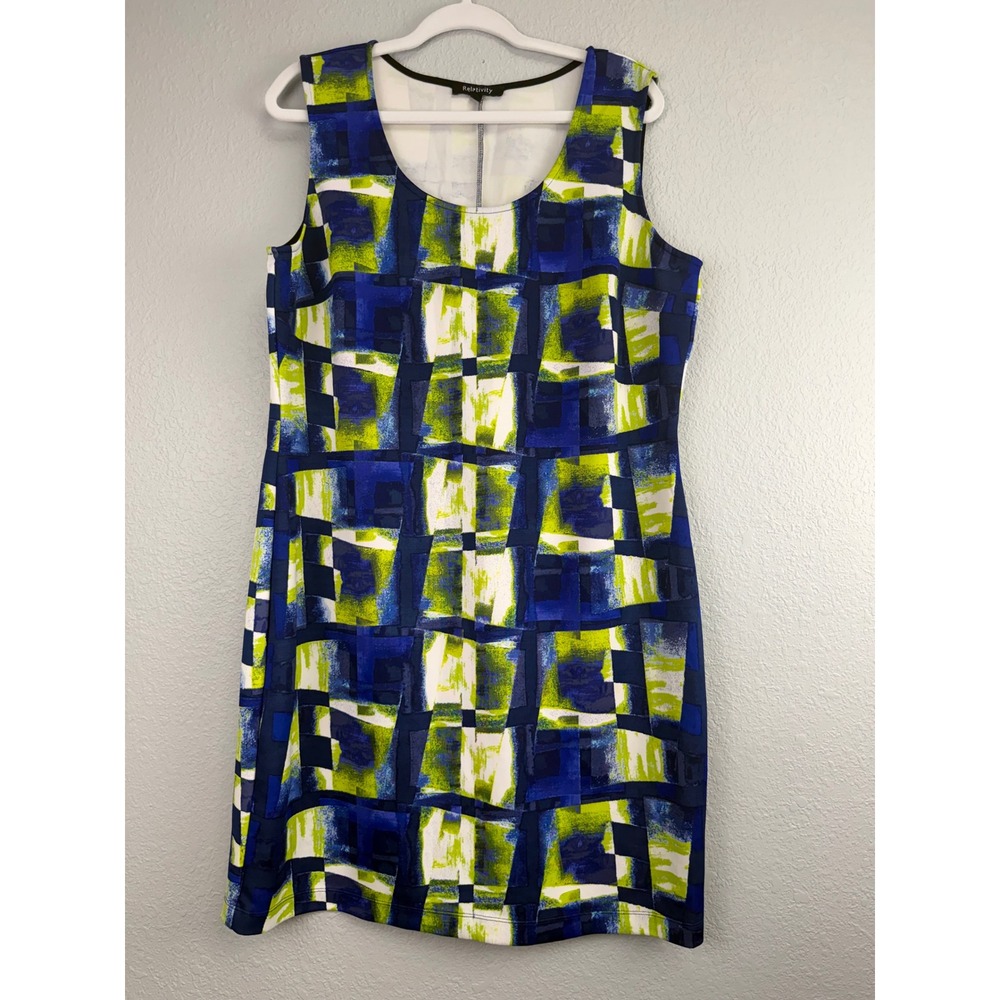 Relativity Womens XL Abstract Geometric‎ Shift Dress Blue Lime Green Sleeveless